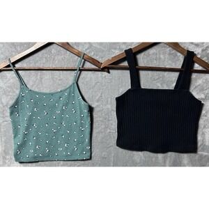 American Eagle ribbed tank tops bundle size small green floral & black crop tops